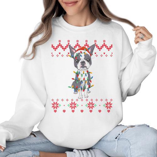 Boston Terrier Dog Santa Hat Men Kids Ugly Christmas Light Women Crewneck Sweatshirt - Bostonterriersmerch.com