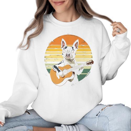 Boston Terrier Guitar Retro Women Crewneck Sweatshirt - Bostonterriersmerch.com