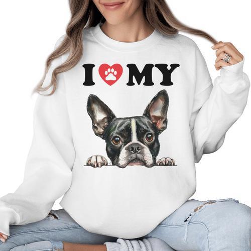 Boston Terrier I Heart My Dog Dog Lover Women Crewneck Sweatshirt - Bostonterriersmerch.com