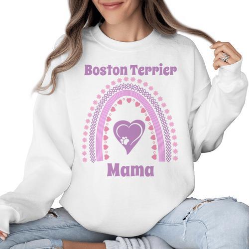 Boston Terrier Mama Cute Rainbow Paw Heart Shape Women Crewneck Sweatshirt - Bostonterriersmerch.com