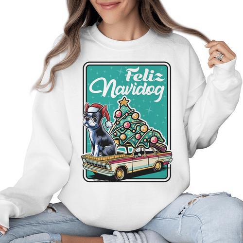 Boston Terrier Merry Christmas Tree Truck Dog X-Mas Women Crewneck Sweatshirt - Bostonterriersmerch.com AU