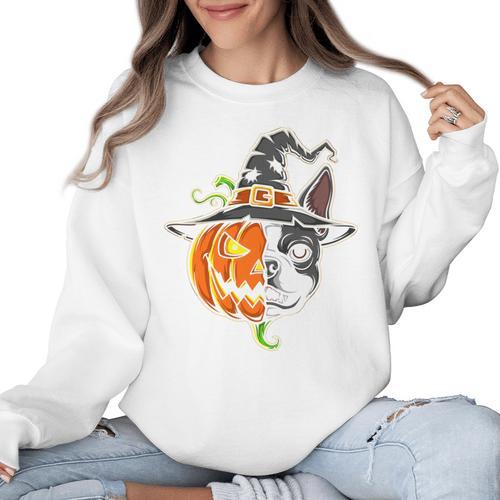 Boston Terrier Pumpkin Jack O Lantern Halloween Women Crewneck Sweatshirt - Bostonterriersmerch.com