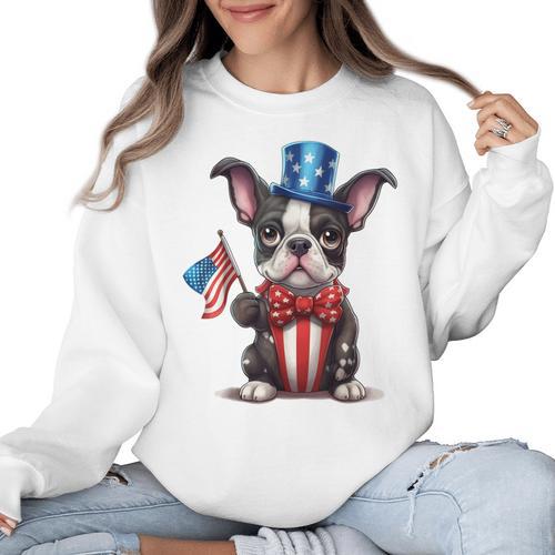 Boston Terrier Puppy Dog Holds His American Flag 4th Of July Women Crewneck Sweatshirt - Bostonterriersmerch.com