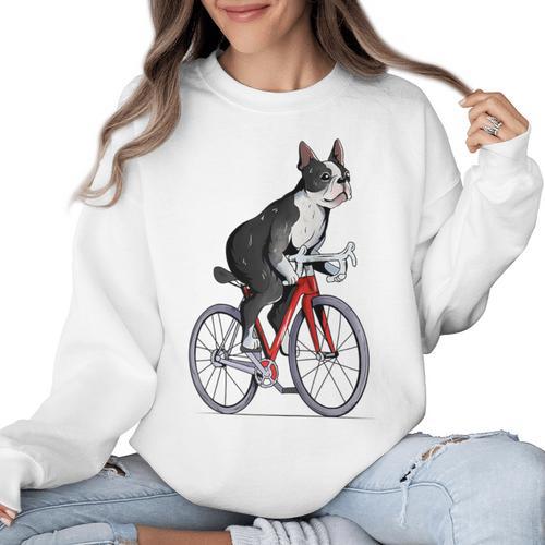 Boston Terrier Riding Bicycle Cute Bostie Biker Raglan Baseball Tee Women Crewneck Sweatshirt - Bostonterriersmerch.com