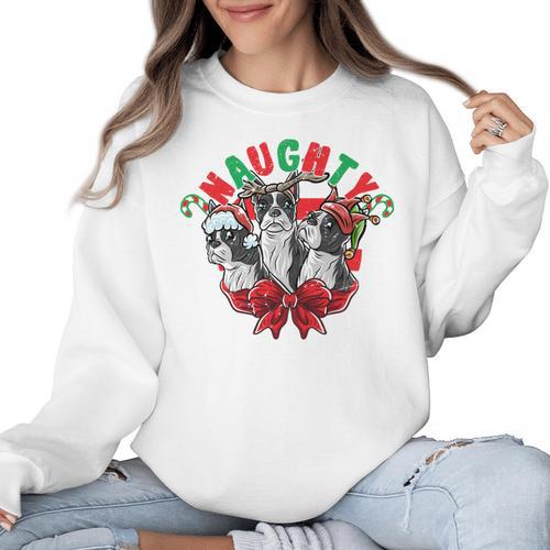 Boston Terrier Santa Claus Elf Reindeer Christmas Dog X-Mas Women Crewneck Sweatshirt - Bostonterriersmerch.com