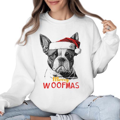 Boston Terrier Santa Claus Hat Merry Christmas Dog X-Mas Women Crewneck Sweatshirt - Bostonterriersmerch.com