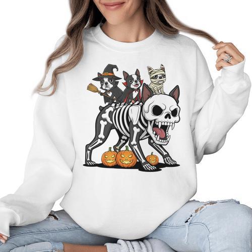 Boston Terrier Skeleton Mummy Witch Halloween Women Crewneck Sweatshirt - Bostonterriersmerch.com