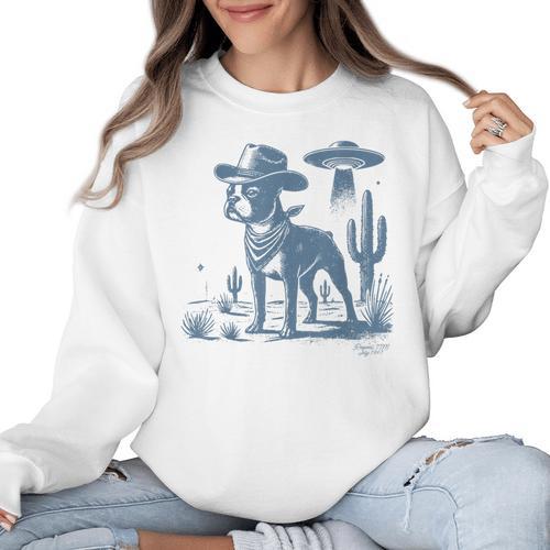 Boston Terrier UFO Cowboy Dog Dog Mom Dog Dad Alien Dog Women Crewneck Sweatshirt - Bostonterriersmerch.com