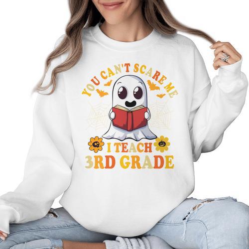 You Cant Scare Me I Teach 3rd Grade Teacher Halloween Women Crewneck Sweatshirt - teacherstshirts.com CA