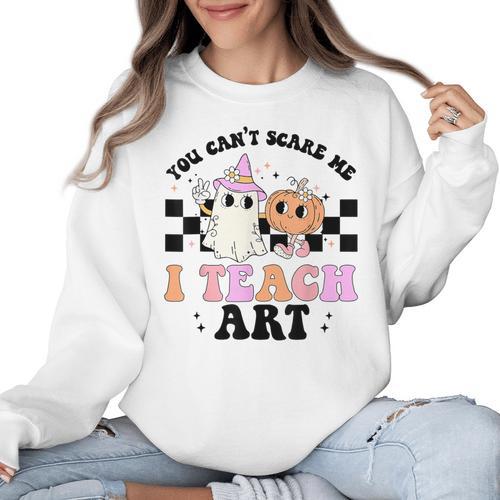 You Can't Scare Me I Teach Art Retro Teacher Ghost Halloween Women Crewneck Sweatshirt - teacherstshirts.com DE