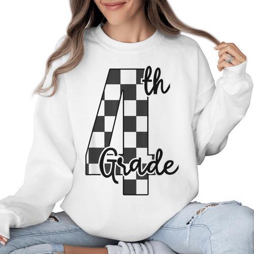 Checkered Fourth Grade Back To School Teachers Students Women Crewneck Sweatshirt - teacherstshirts.com UK