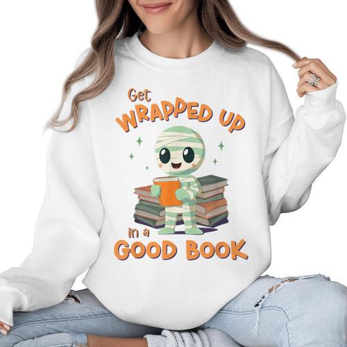 Cute Halloween Teacher Librarian Mummy Reading Books Women Crewneck Sweatshirt - teacherstshirts.com CA