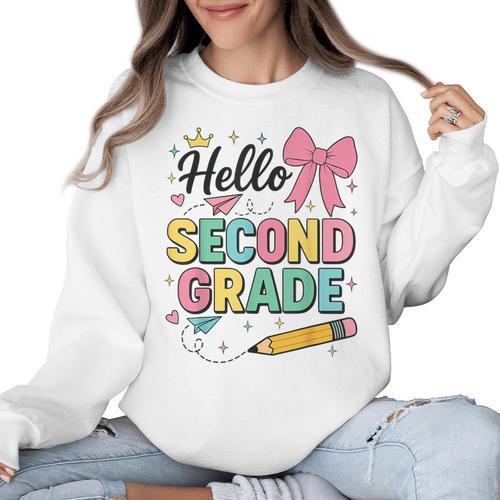 Cute Hello Second Grade Back To School Coquette Teacher Girl Women Crewneck Sweatshirt - teacherstshirts.com AU