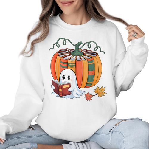 Fall Book Pumpkin Books Ghost Reading Halloween Teacher Women Crewneck Sweatshirt - teacherstshirts.com CA