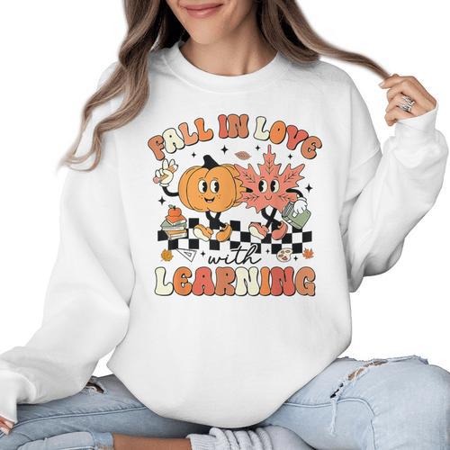 Fall In Love With Learning Teacher Retro Thanksgiving Women Crewneck Sweatshirt - teacherstshirts.com