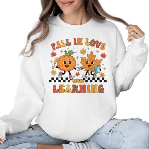 Fall In Love With Learning Teacher Student Autumn Pumpkin Women Crewneck Sweatshirt - teacherstshirts.com AU