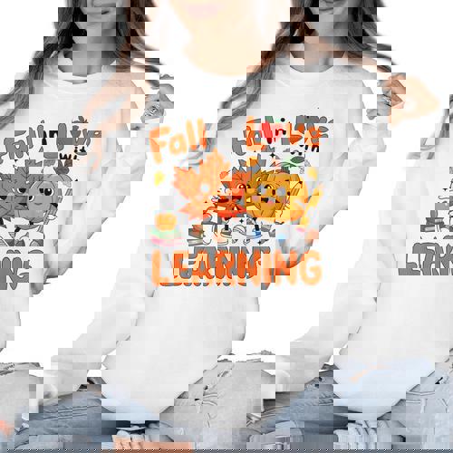 Fall In Love With Learning Thanksgiving Teacher Student Kids Women Crewneck Sweatshirt - teacherstshirts.com