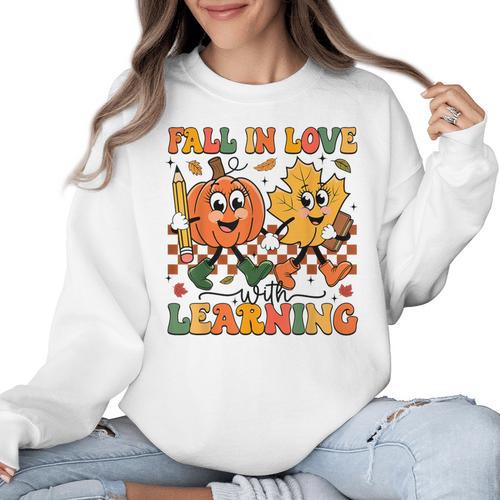Fall In Love With Learning Thanksgiving Teacher Student Women Crewneck Sweatshirt - teacherstshirts.com