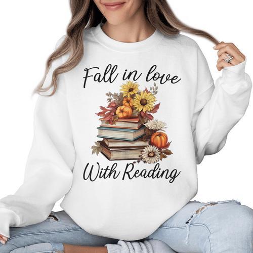 Fall In Love With Reading Book Autumn Teachers Pumpkins Women Crewneck Sweatshirt - teacherstshirts.com AU