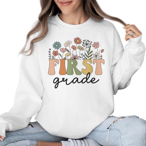 First Grade Teacher Wildflower Back To School Floral Outfits Women Crewneck Sweatshirt - teacherstshirts.com AU