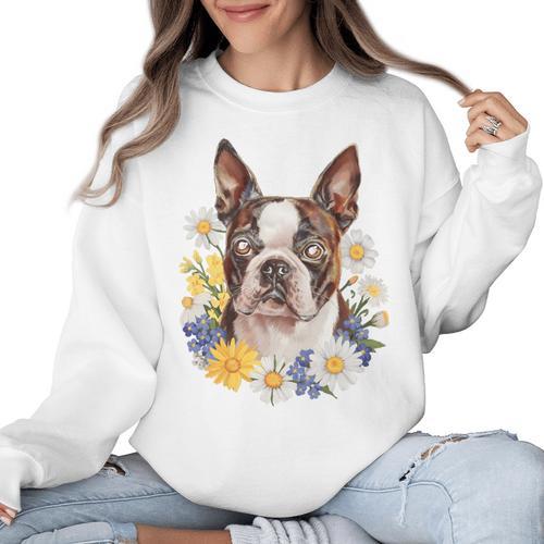 Floral Boston Terrier Women Crewneck Sweatshirt - Bostonterriersmerch.com