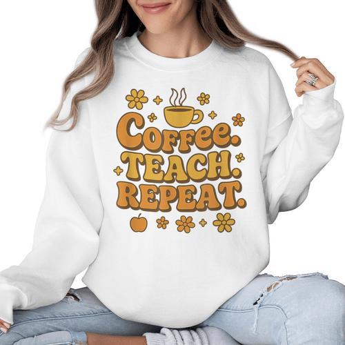 Groovy Coffee Teach Repeat Retro Teacher Women Crewneck Sweatshirt - teacherstshirts.com