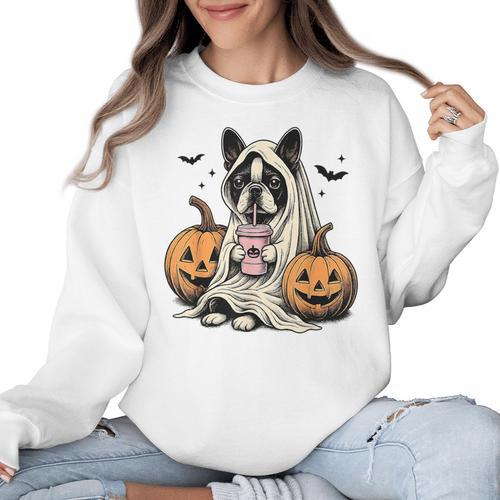 Halloween Boston Terrier Ghost Women Crewneck Sweatshirt - Bostonterriersmerch.com