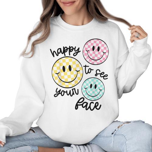 Happy To See Your Face Smile Face Teacher Back To School Women Crewneck Sweatshirt - teacherstshirts.com CA