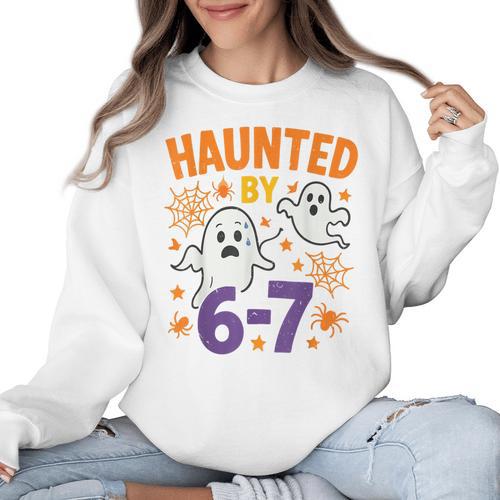 Haunted 67 Ghost Math Teacher Halloween Costume Math Pun Women Crewneck Sweatshirt - teacherstshirts.com