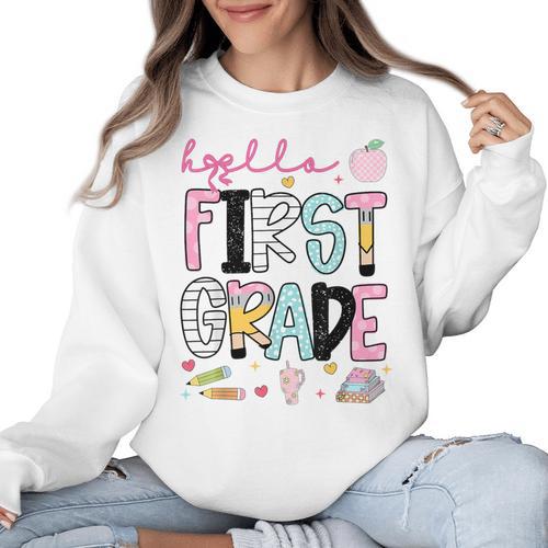 Hello First Grade Teacher Coquette Pencil Bow Back To School Women Crewneck Sweatshirt - teacherstshirts.com AU
