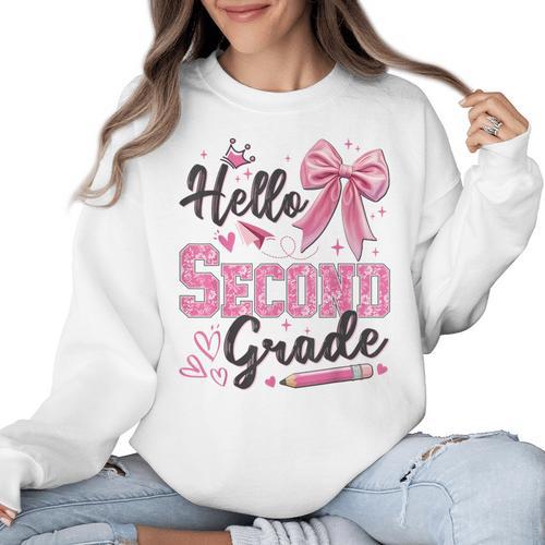 Hello Second Grade First Day Of School Coquette Teacher Girl Women Crewneck Sweatshirt - teacherstshirts.com AU