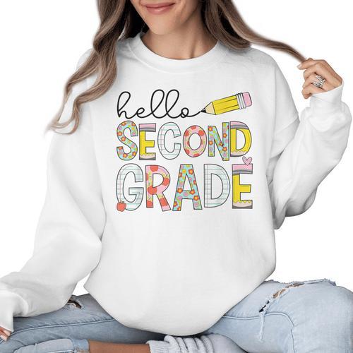 Hello Second Grade Team 2nd Grade Back To School Teacher Kid Women Crewneck Sweatshirt - teacherstshirts.com UK