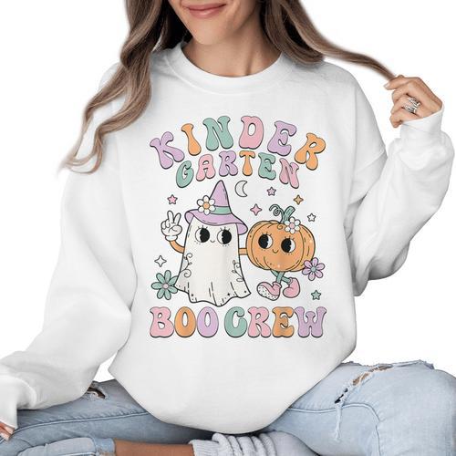 Kindergarten Boo Crew Halloween Floral Ghost Kinder Teacher Women Crewneck Sweatshirt - teacherstshirts.com CA