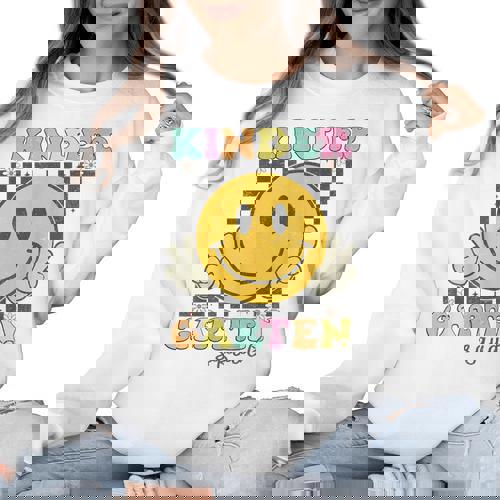 Kindergarten Squad Smile Face Teachers Kids Back To School Women Crewneck Sweatshirt - teacherstshirts.com