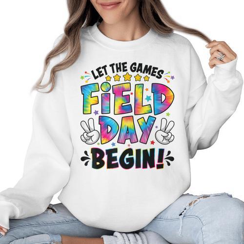 Let The Games Field Day Begin Tie Dye Adults Teacher Kids Women Crewneck Sweatshirt - teacherstshirts.com AU