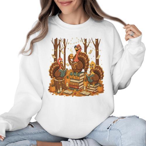 Librarian Turkey Reading Book Fall Thanksgiving Teacher Book Women Crewneck Sweatshirt - teacherstshirts.com AU