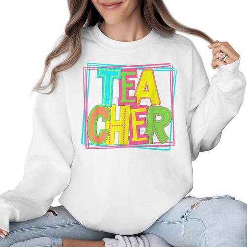 Neon Retro Teacher Cute Teacher Team New Teacher Back To Sch Women Crewneck Sweatshirt - teacherstshirts.com AU