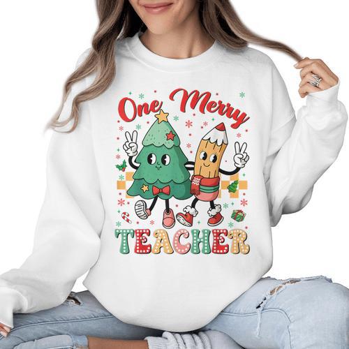 One Merry Teacher Groovy Christmas Tree Pjs Xmas Teacher Women Crewneck Sweatshirt - teacherstshirts.com AU