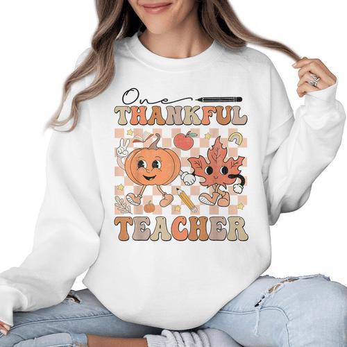 One Thankful Teacher Thanksgiving Groovy Fall Autumn Teacher Women Crewneck Sweatshirt - teacherstshirts.com AU