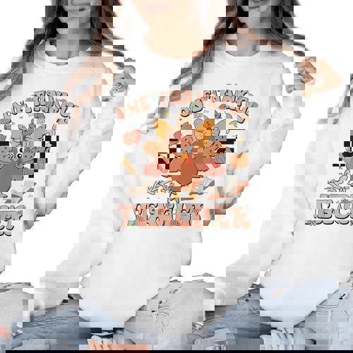 One Thankful Teacher Thanksgiving Retro Groovy Fall Teachers Women Crewneck Sweatshirt - teacherstshirts.com