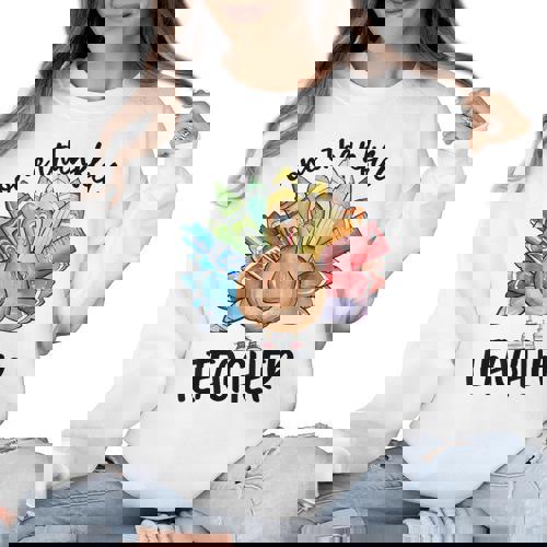 One Thankful Teacher Turkey Pencil Thanksgiving Teachers Women Crewneck Sweatshirt - teacherstshirts.com