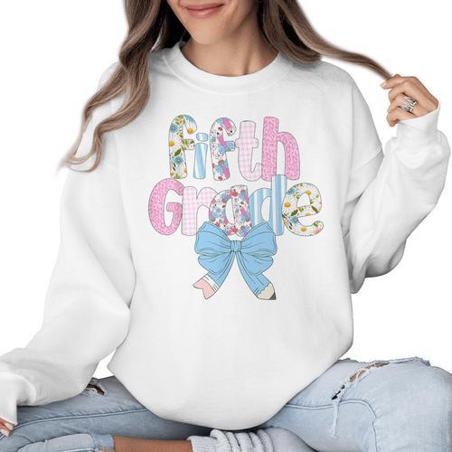 Preppy Fifth Grade Teacher Blue Floral Coquette Pencil Bow Women Crewneck Sweatshirt - teacherstshirts.com CA