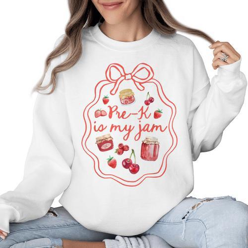 Preschool Pre-K Is My Jam Strawberry Girl Teacher Kids Women Crewneck Sweatshirt - teacherstshirts.com AU