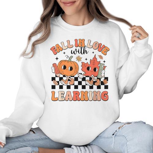 Retro Fall In Love With Learning Autumn Pumpkin Teacher Women Crewneck Sweatshirt - teacherstshirts.com UK