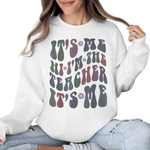 Retro IT'S ME Hi I'm The TEACHER Groovy Testing Squad Pink Women Crewneck Sweatshirt - teacherstshirts.com