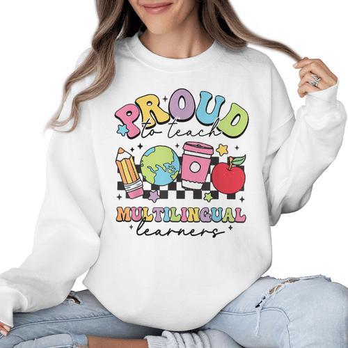 Retro Proud To Teach Multilingual Learners English Teacher Women Crewneck Sweatshirt - teacherstshirts.com