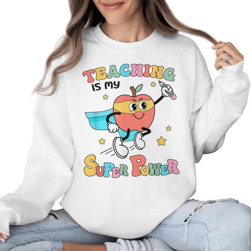 Retro Teaching Is My Superpower Apple Teacher Appreciation Women Crewneck Sweatshirt - teacherstshirts.com AU