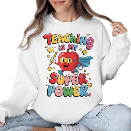 Retro Teaching Is My Superpower Apple Teacher Appreciation Women Crewneck Sweatshirt - teacherstshirts.com AU