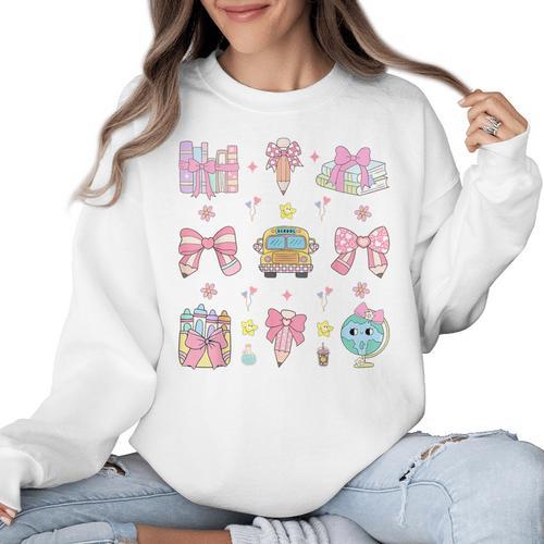 School Pencils And Bows Teacher Bow Coquette Pencil Girls Women Crewneck Sweatshirt - teacherstshirts.com CA