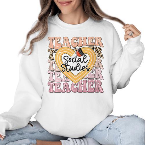 Social Studies Teacher Pencil Heart Leopard Back To School Women Crewneck Sweatshirt - teacherstshirts.com UK